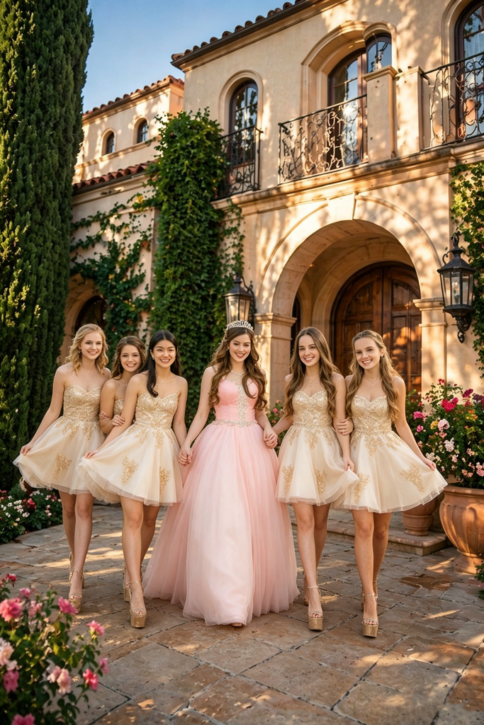 Unique Champagne Sequin Applique Sweetheart Bodice Short Quince Court Dress,HD1225