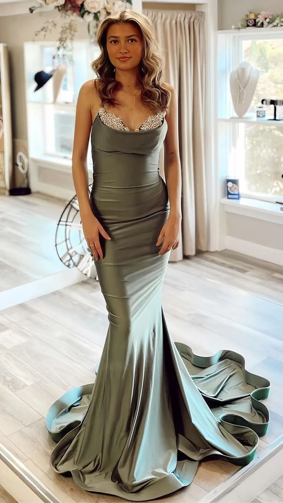 Sexy Spaghetti Strap Sleeveless Mermaid Satin Evening Prom Dresses Online, OLP860