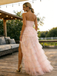 Unique Pink Tiered Tulle Pink Prom Gown Strapless High Slit Ruffle Evening Dress,OLP1858