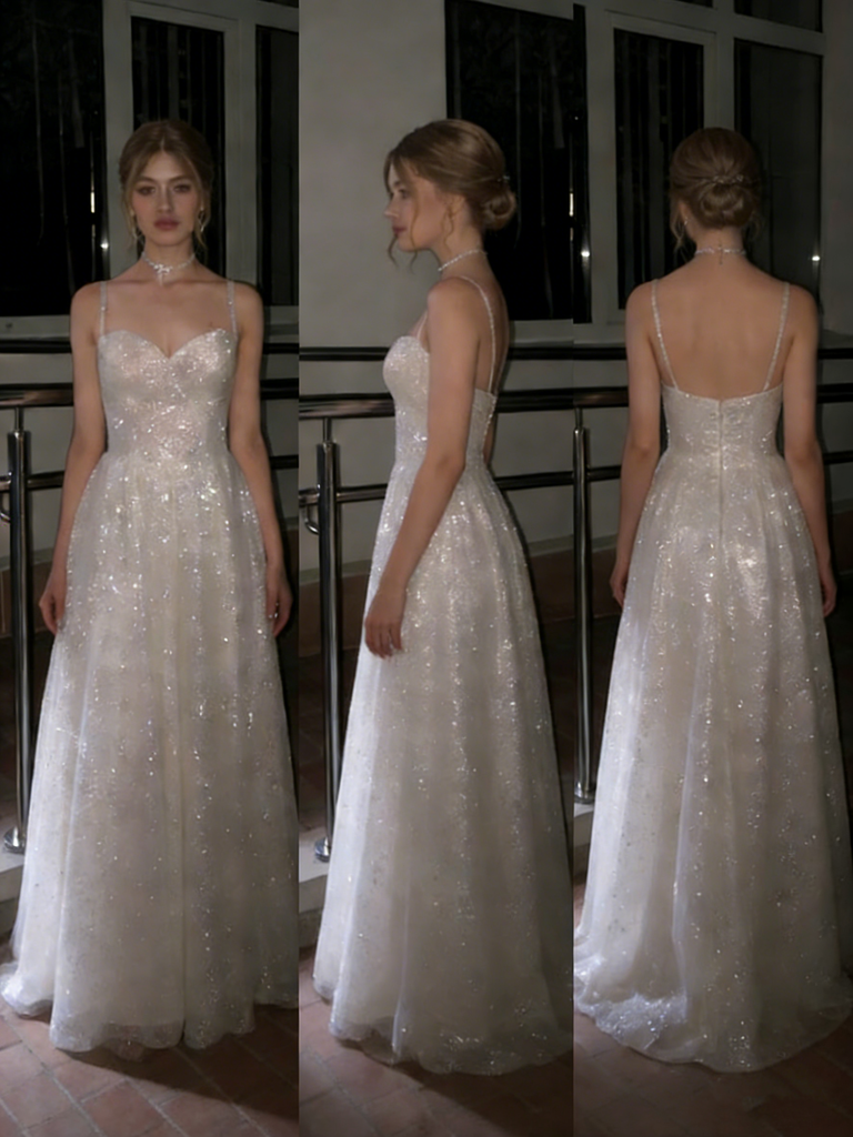 Shiny Spaghetti Strap Sleeveless A-line Sequin Evening Prom Dresses Online, OLP906