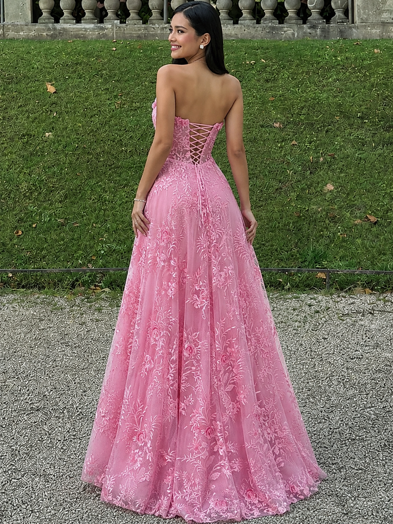 Elegant Strapless Pink Lace Prom Dress with 3D Floral Appliques,OLP1793