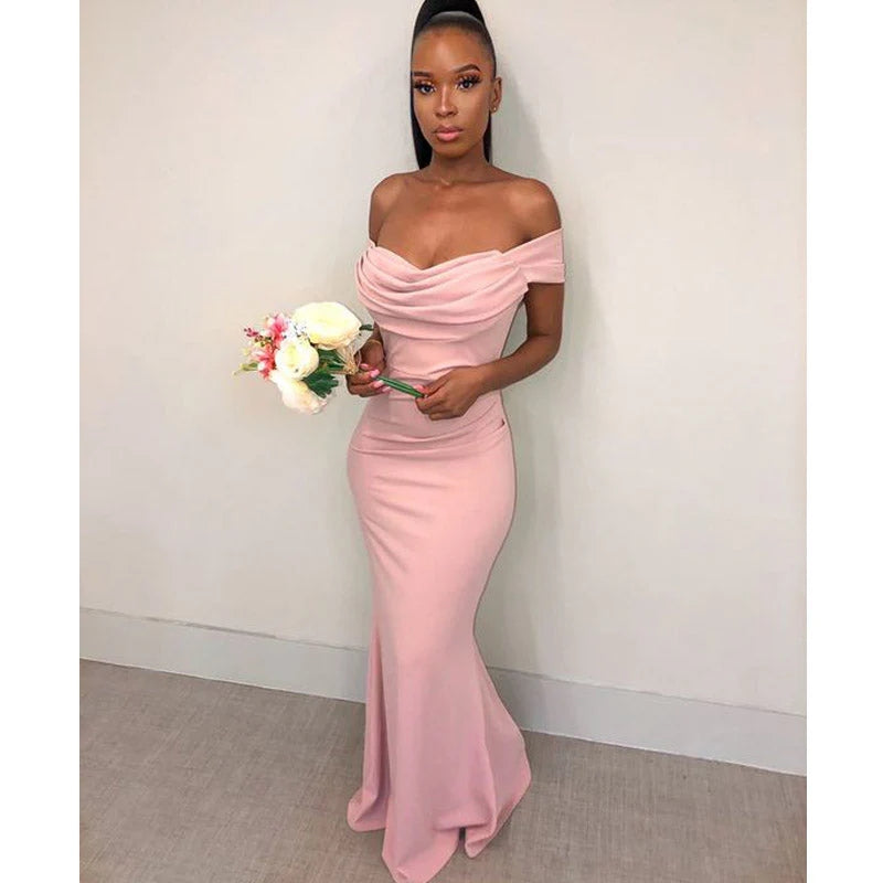 Elegant Off Shoulder Mermaid Pink Jersey Long Bridesmaid Dresses Online, BG715