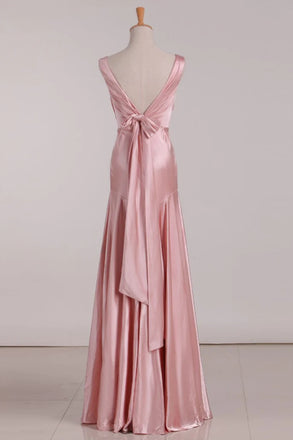Pearl Pink A-line V-Neck Satin Sleeveless Long Evening Prom Dress Online, OL029