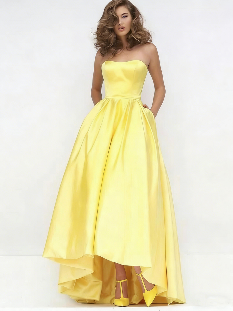 A-line Straight High-low Satin Long Prom Dresses.DB10148