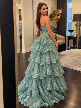 Elegant Green Sweetheart Sleeveless A-line Tulle Ruffles Long Prom Dresses With Slit Online, OL544