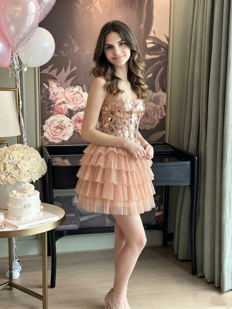 Stunning Pink Sweetheart Mirror Mosaic Tiered Glitter Homecoming Dress,HD1329
