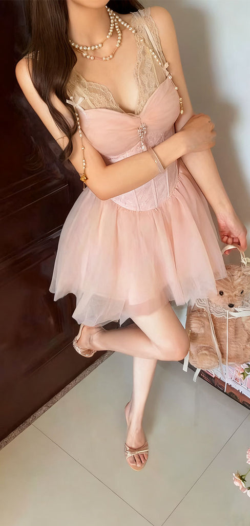 Sexy Pink V-Neck Sleeveless A -Line Lace Short Homecoming Dresses For Party,HD1148