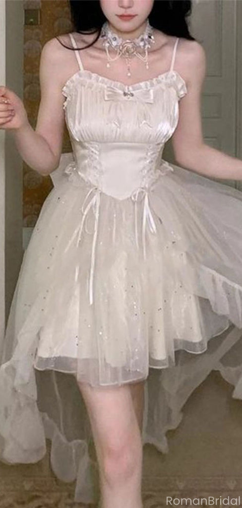 Elegant White Spaghetti Strap High-Low Sleeveless Homecoming Dresses For Birthday Party,HD1184