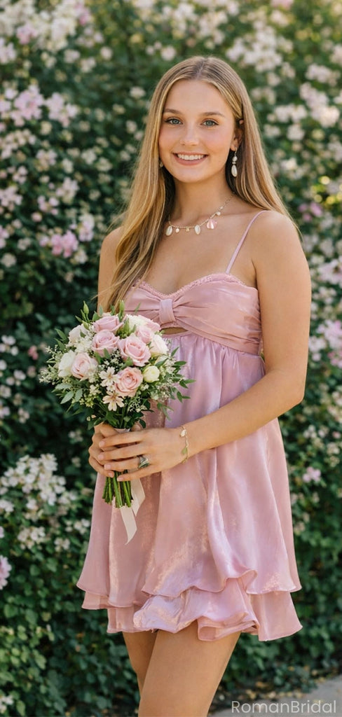 Pretty Pink Satin Homecoming Dress Sleeveless Sweetheart Neck A-Line Short Cocktail Gown,HD1206