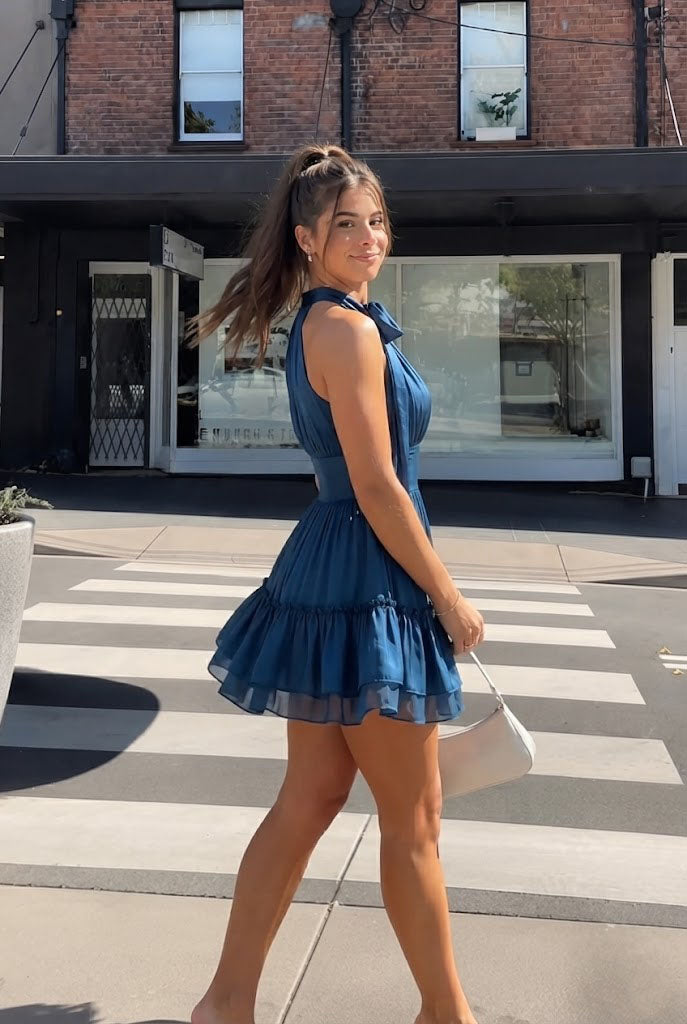 Classy Blue Satin Cocktail Homecoming Dress Halter Neck Ruffled Hem Sexy Mini Party,HD1348