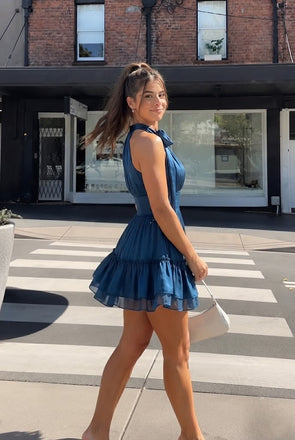 Classy Blue Satin Cocktail Homecoming Dress Halter Neck Ruffled Hem Sexy Mini Party,HD1348