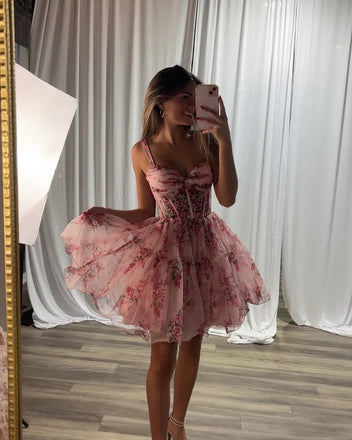 Cute Pink Spaghetti Strap A-Line Short Homecoming Dresses For Party,HD1161