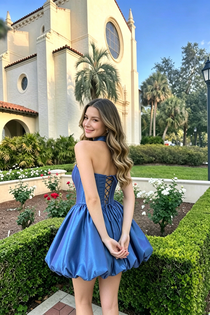 Chic Blue Metallic Homecoming Dress Featuring Fancy Corset Bodice With Bubble Skirt,HD1242