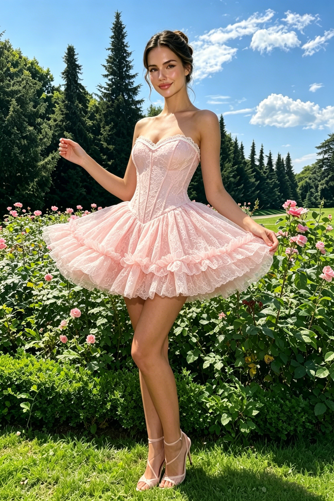 Modern Pink Strapless Homecoming Dress Tiered Lace Corset Mini Fit Flare Party Gown,HD1233