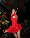 Sexy Red Spaghetti Strap Long Sleeve A-Line Short Homecoming Dresses For Party,HD1156