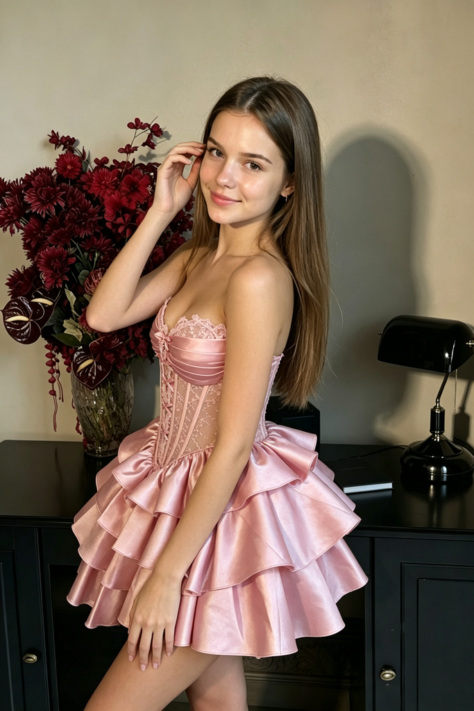 Modern Pink Strapless Sleeveless Tiered Ruffle Mini Satin Homecoming Dress,HD1332