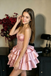 Modern Pink Strapless Sleeveless Tiered Ruffle Mini Satin Homecoming Dress,HD1332