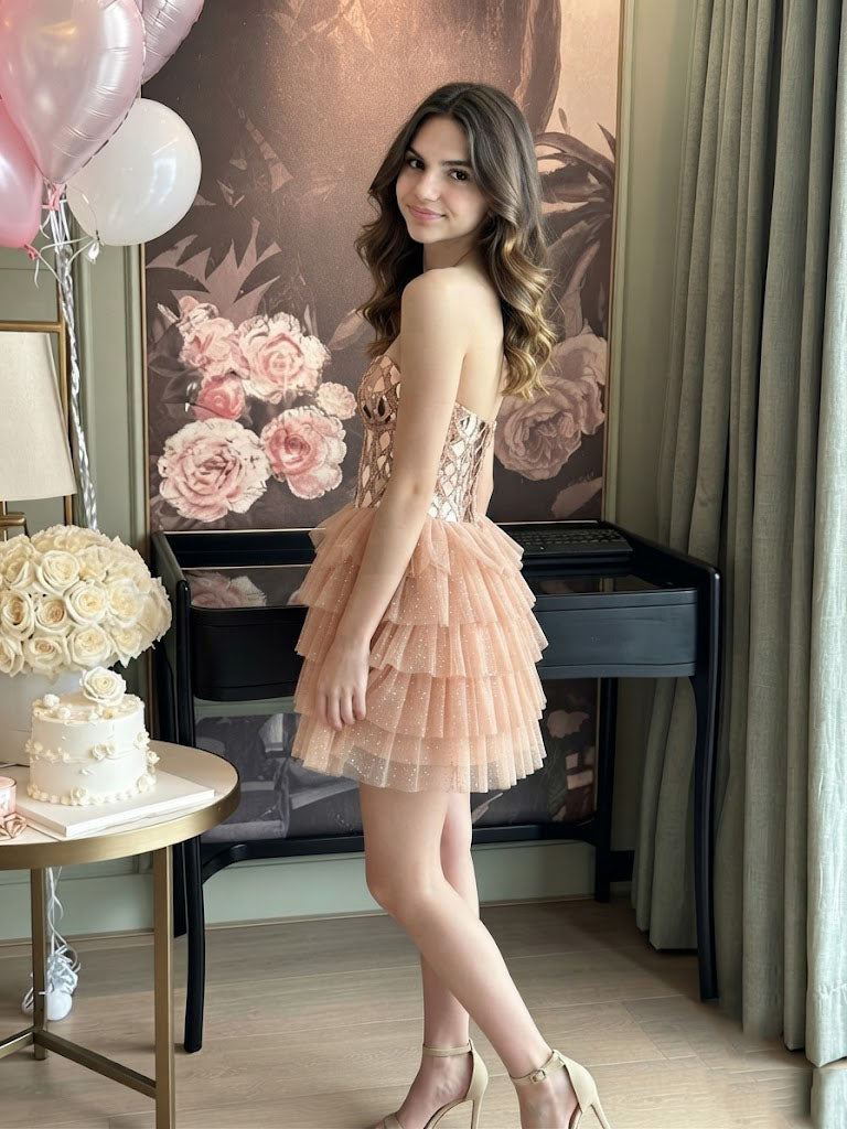 Stunning Pink Sweetheart Mirror Mosaic Tiered Glitter Homecoming Dress,HD1329