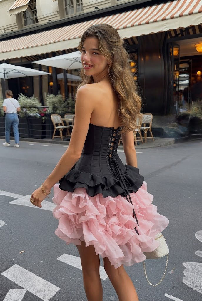 Unique Sweetheart Corset Showcasing Voluminous Pink Layered Ruffle Homecoming Dress,HD1322