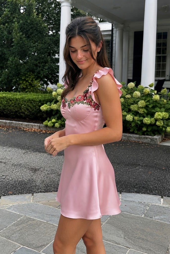 Pretty Pink Satin Homecoming Dress Sweetheart Neck Ruffle Sleeves Floral Embroidery,HD1360