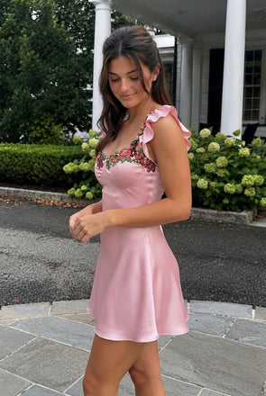 Pretty Pink Satin Homecoming Dress Sweetheart Neck Ruffle Sleeves Floral Embroidery,HD1360