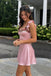 Pretty Pink Satin Homecoming Dress Sweetheart Neck Ruffle Sleeves Floral Embroidery,HD1360