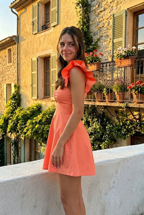 Sexy Coral One-Shoulder Cocktail Dress Ruffle Short Homecoming Dress Cutout Bow,HD1340