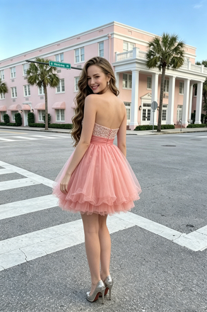Classy Rose Pink Sweetheart Sleeveless Beaded Sparkly Layered Short Homecoming Dress ,HD1231