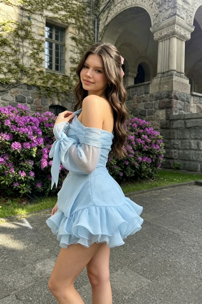 Unique One Shoulder Ruffle Party Homecoming Dress with Long Sleeves Light Blue,HD1317