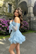 Unique One Shoulder Ruffle Party Homecoming Dress with Long Sleeves Light Blue,HD1317