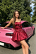 Unique Burgundy Satin Homecoming Dress Strapless Bodice Large Bow Crystal Accents,HD1254