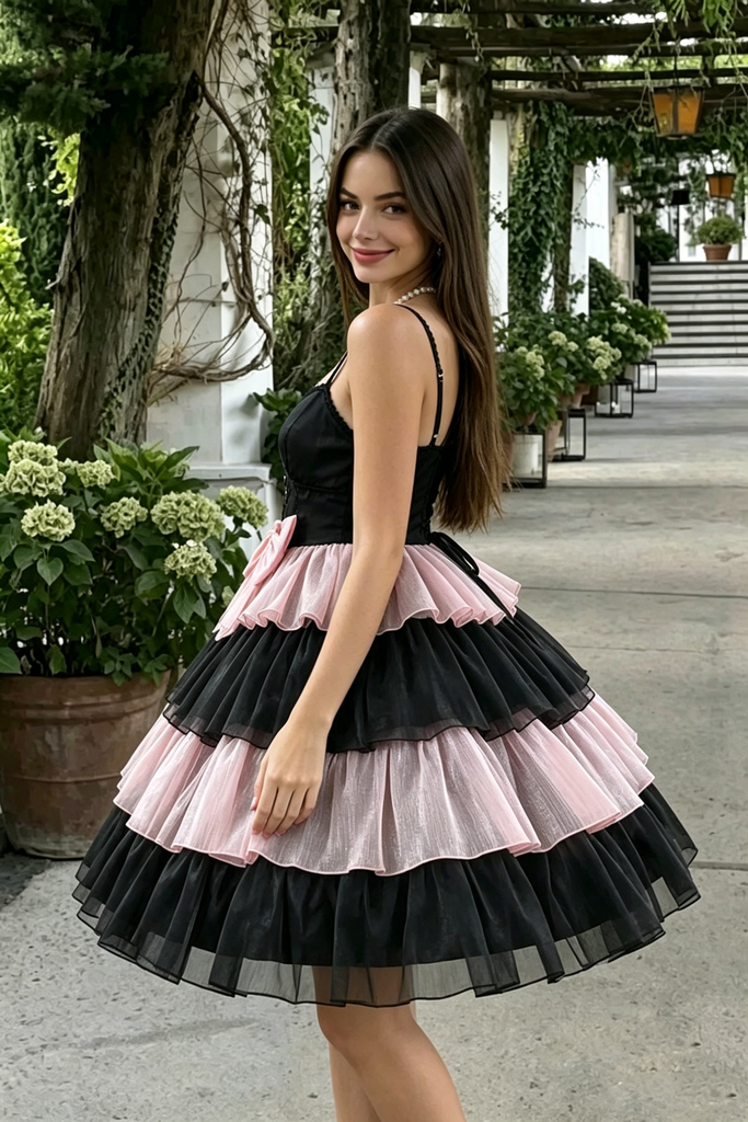 Cute Black and Pink Ruffle Homecoming Dress Unique Layered Mini Party Wear,HD1266