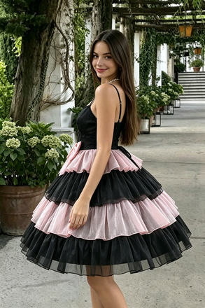 Cute Black and Pink Ruffle Homecoming Dress Unique Layered Mini Party Wear,HD1266