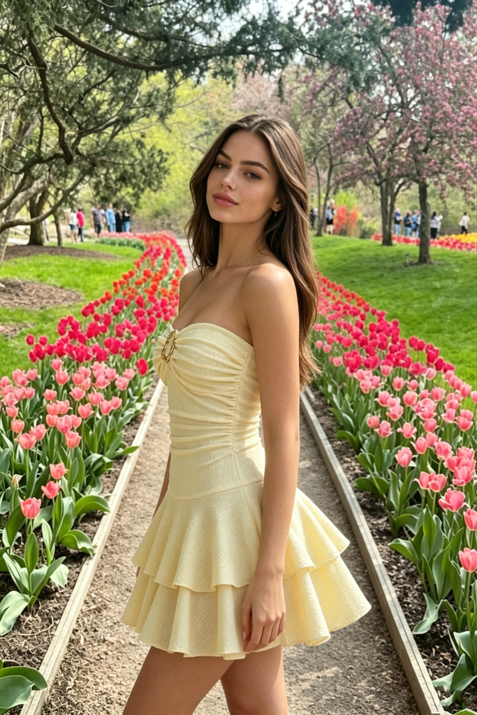 Pretty Light yellow Strapless Homecoming Dress Featuring Unique Gold Buckle Ruched Fit,HD1241