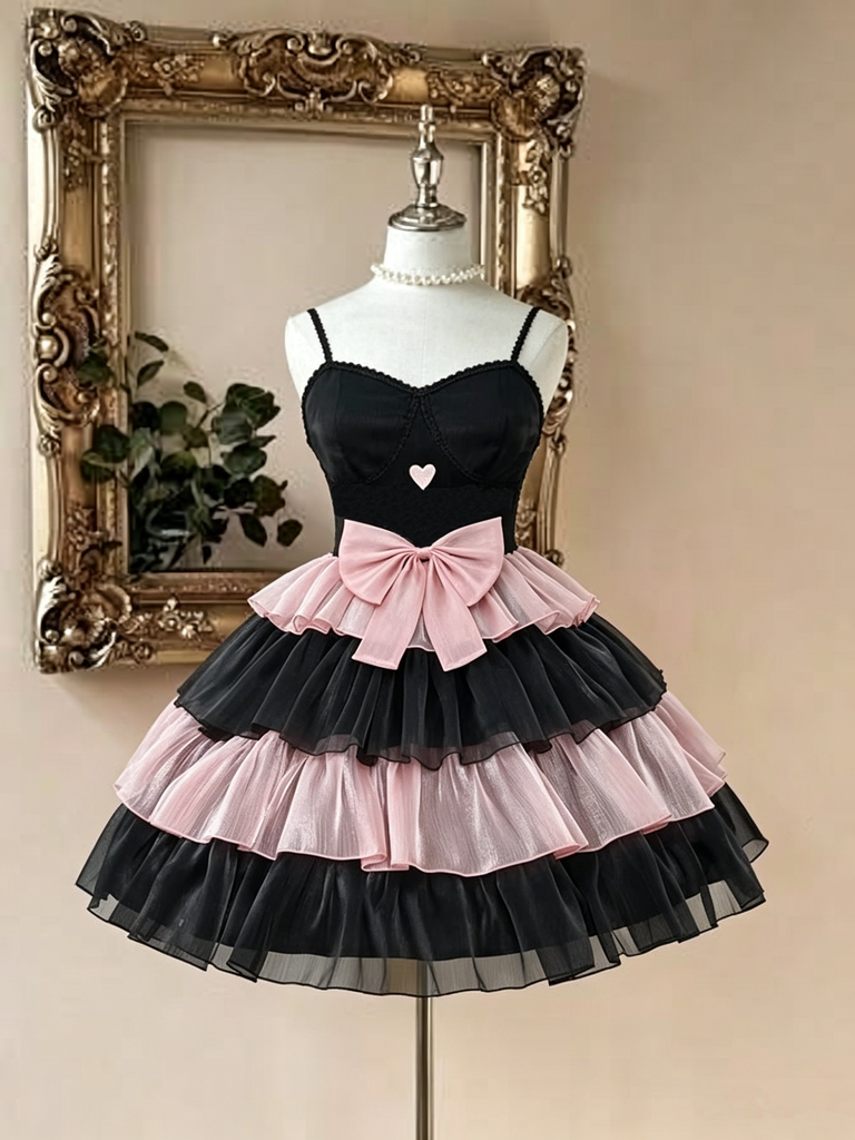Cute Black and Pink Ruffle Homecoming Dress Unique Layered Mini Party Wear,HD1266