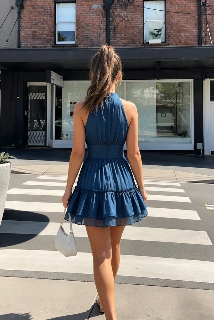 Classy Blue Satin Cocktail Homecoming Dress Halter Neck Ruffled Hem Sexy Mini Party,HD1348