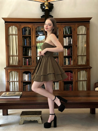 Classy Brown Strapless Pleated Homecoming Dress Beautiful A Line Party Gown,HD1301