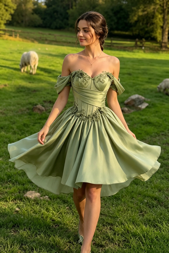 Unique Sage Green Satin Corset Homecoming Dress Off Shoulder A Line Party Dress,HD1283