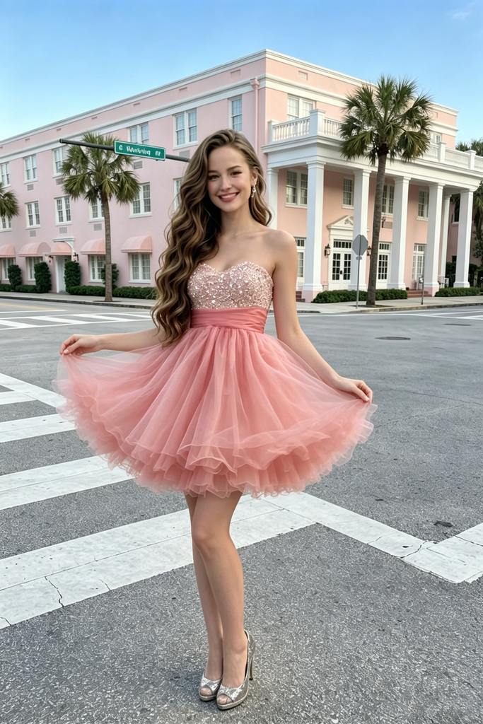 Classy Rose Pink Sweetheart Sleeveless Beaded Sparkly Layered Short Homecoming Dress ,HD1231