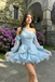 Unique One Shoulder Ruffle Party Homecoming Dress with Long Sleeves Light Blue,HD1317
