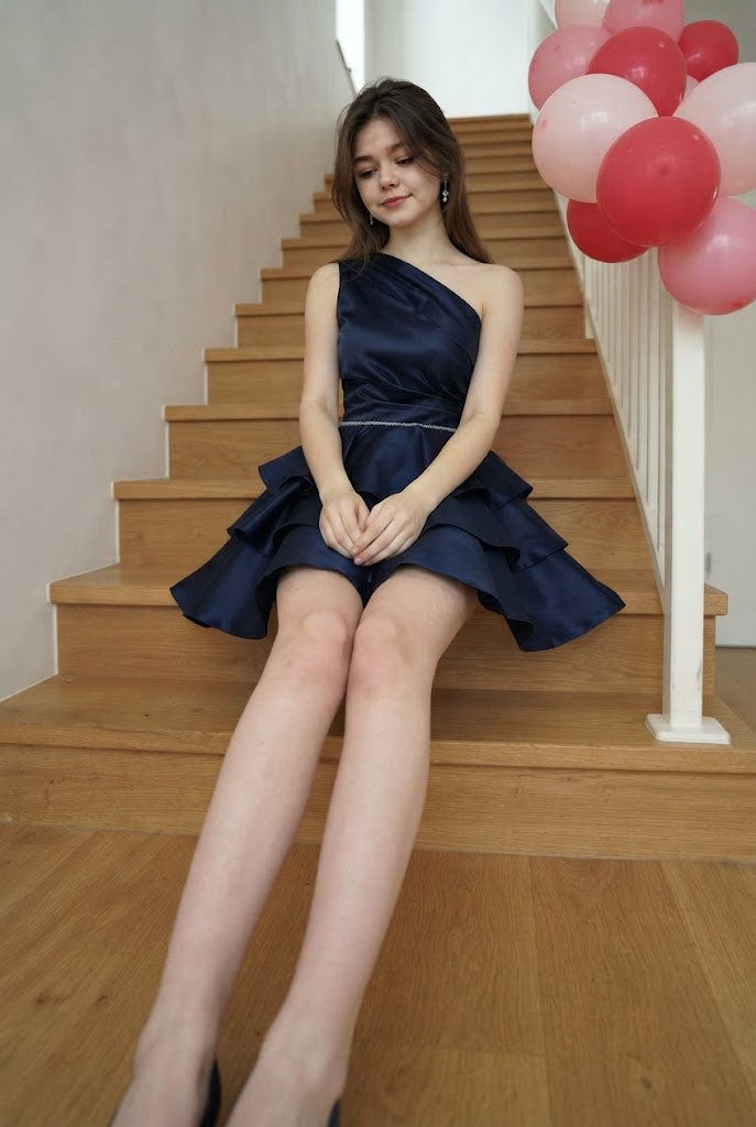 Chic Navy One-Shoulder Satin Short Homecoming  Dress with Ruffled Tiered Skirt,HD1333