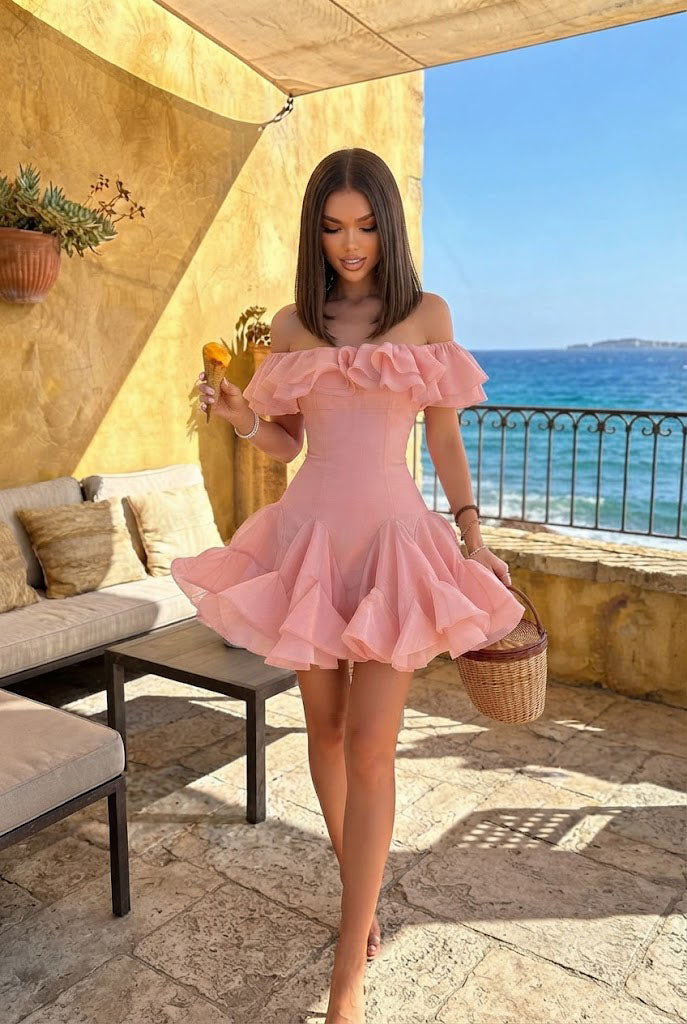 Gorgeous Pink Off-the-Shoulder Layered Ruffle Mini Homecoming Dress for Party Wear,HD1347