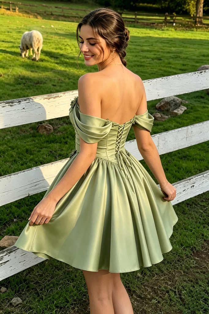 Unique Sage Green Satin Corset Homecoming Dress Off Shoulder A Line Party Dress,HD1283