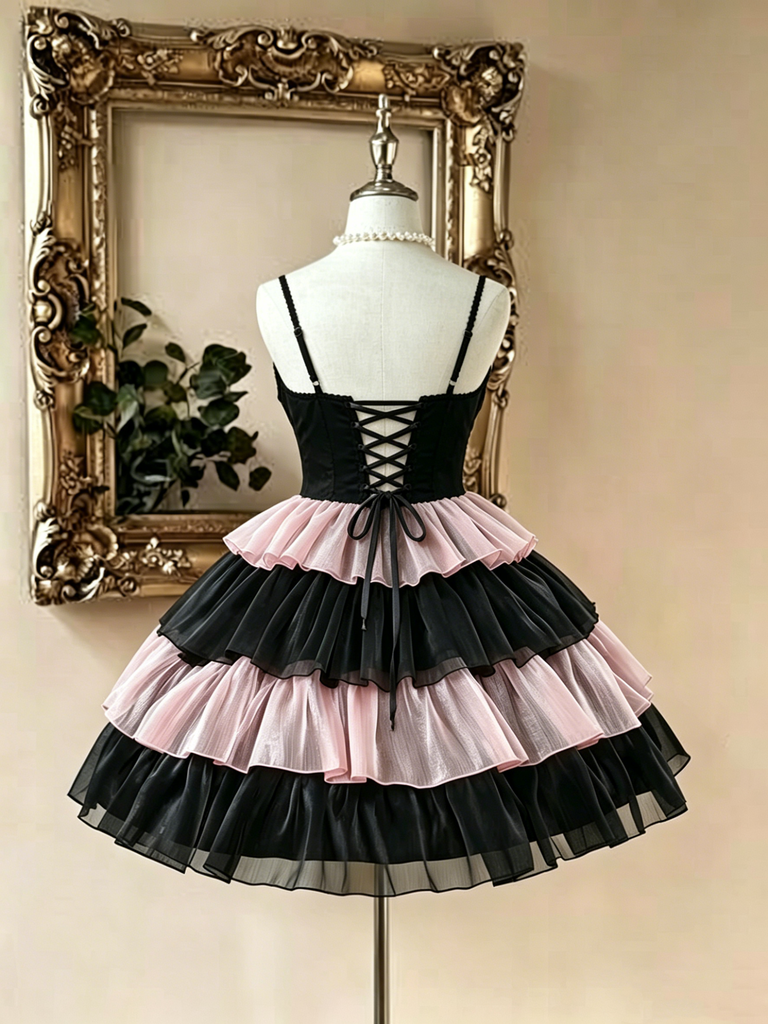Cute Black and Pink Ruffle Homecoming Dress Unique Layered Mini Party Wear,HD1266