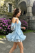 Unique One Shoulder Ruffle Party Homecoming Dress with Long Sleeves Light Blue,HD1317