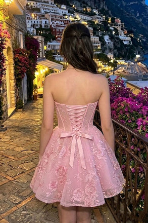 Pretty Pink Floral Corset Homecoming Dress Fancy Strapless Cocktail Party Evening Gown,HD1281