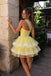 Fancy Yellow One-Shoulder Layered Tulle Short Homecoming Dress with Corset Bodice,HD1356