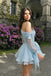 Unique One Shoulder Ruffle Party Homecoming Dress with Long Sleeves Light Blue,HD1317