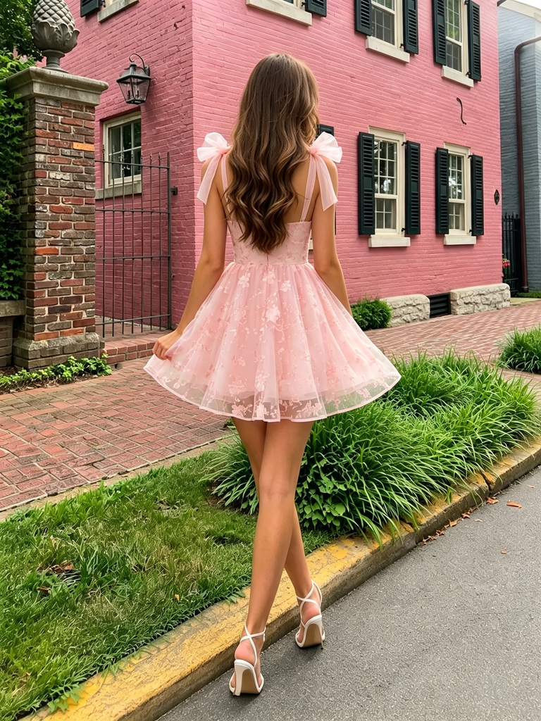 Charming Pink Floral Applique V-Neck Bow Strap Mini Homecoming Dress Sweet Party,HD1344