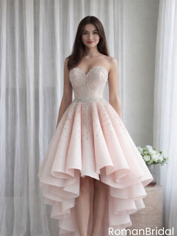 Sparkly Sweetheart High Low Homecoming Dress Beaded Tulle Semi Formal Gown,HD1212